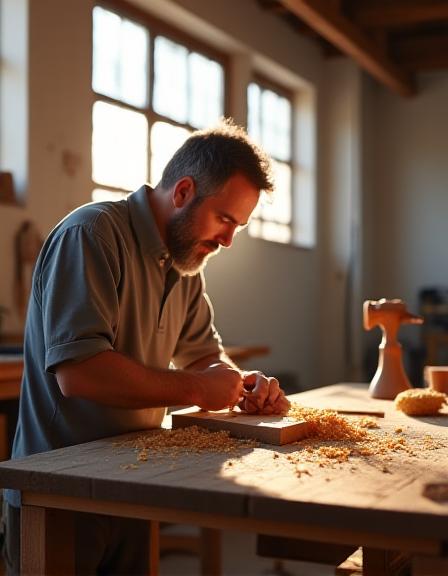 Maestro ebanista trabajando la madera en el taller de Madrid